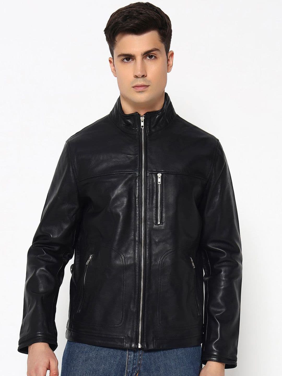 MaheTri Men Mandarin Collar Luxe Black Leather Jacket - view 1