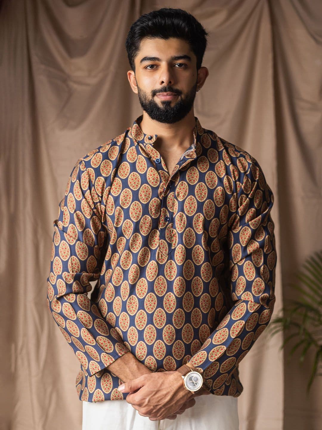 Rawayi Ethnic Motifs Printed Mandarin Collar Straight Linen Kurta - view 1