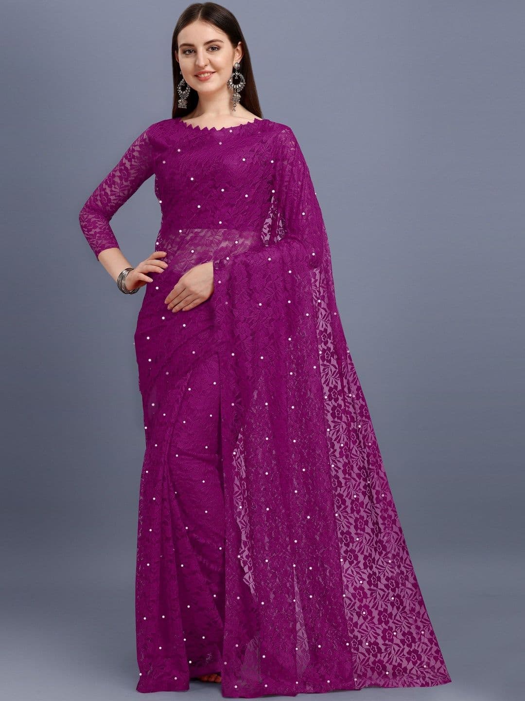 fashion field Woven Design Embellished Beads and Stones Net Saree With Unstiched Blouse - view 1