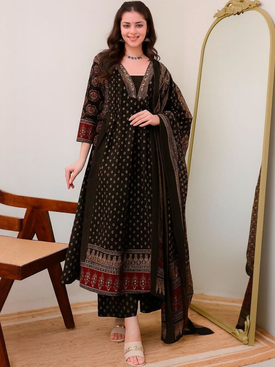 KALINI Ethnic Motifs Printed Panelled Square Neck Anarkali Kurta With Palazzos & Dupatta - view 1