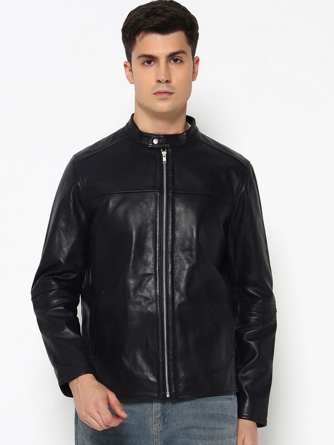 MaheTri Men's Timeless Plain Black Leather Jacket - view 1