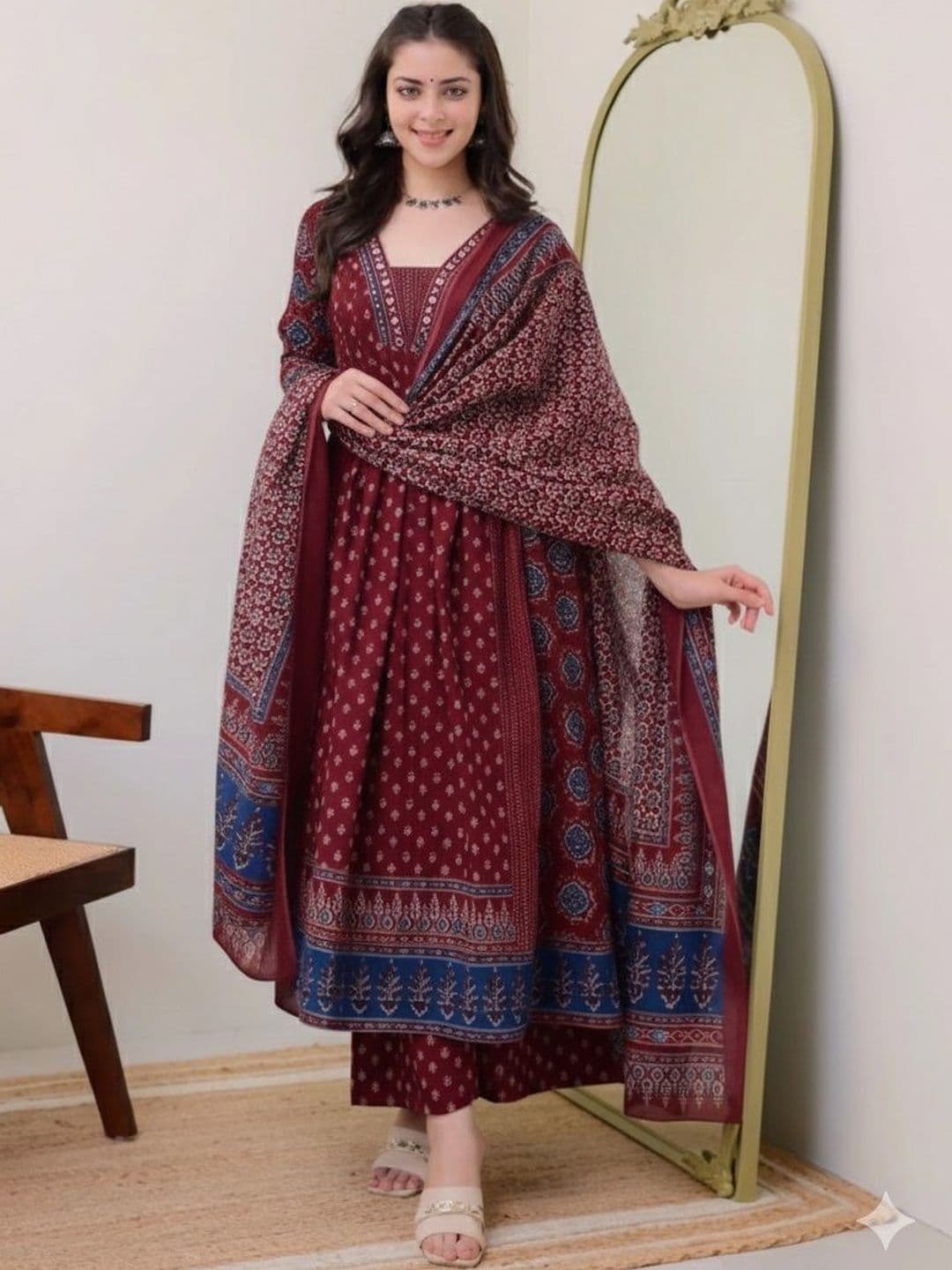 KALINI Floral Printed Square Neck Anarkali Kurta With Palazzos & Dupatta - view 1