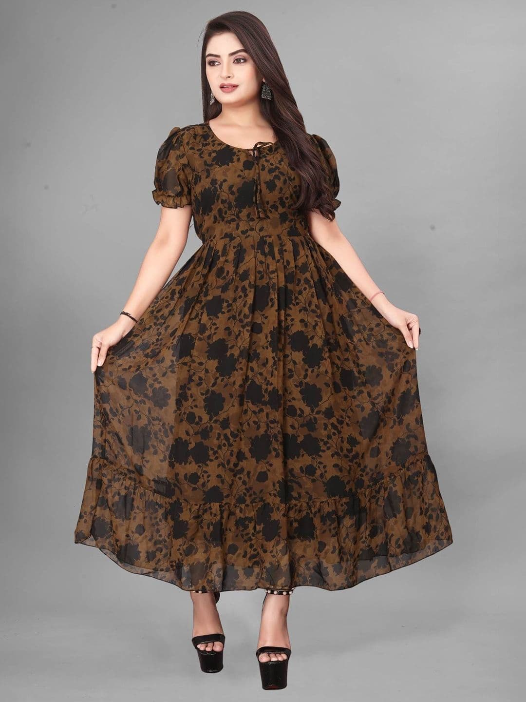 QENA Printed Puff Sleeve Georgette Fit & Flare Midi Dress - view 1