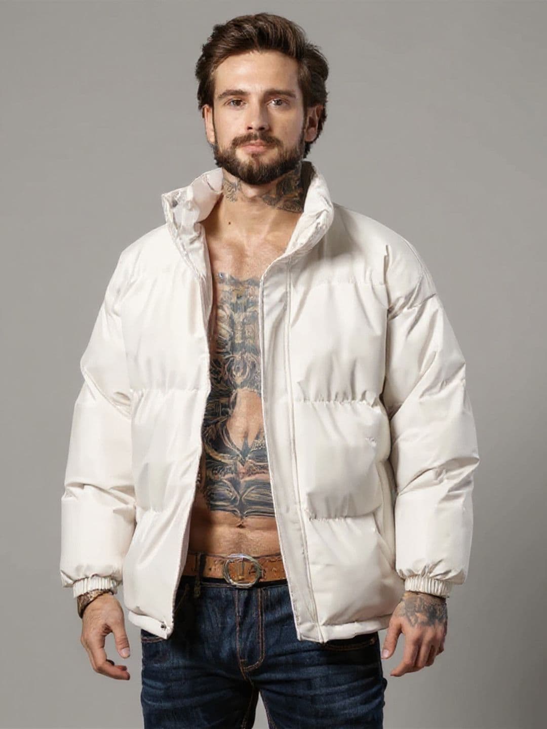 Mast & Harbour Men Off-White Stand Collar Long Sleeves Padded Jacket - view 1