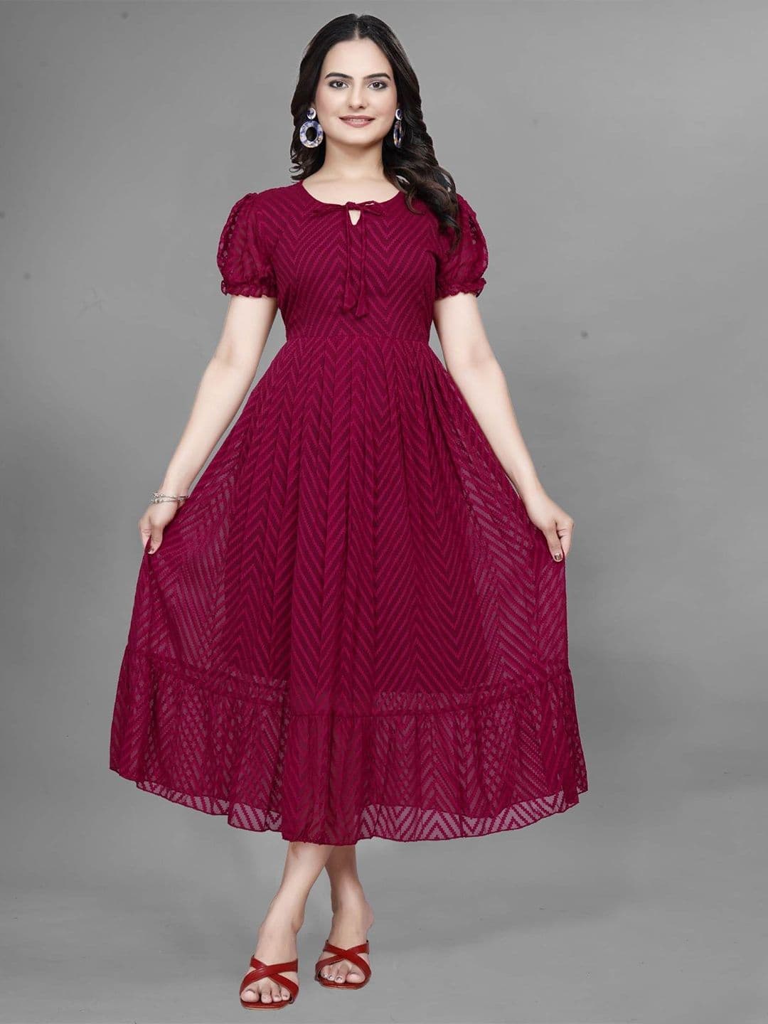 QENA Women Puff Sleeve Georgette Fit & Flare Midi Dress - view 1