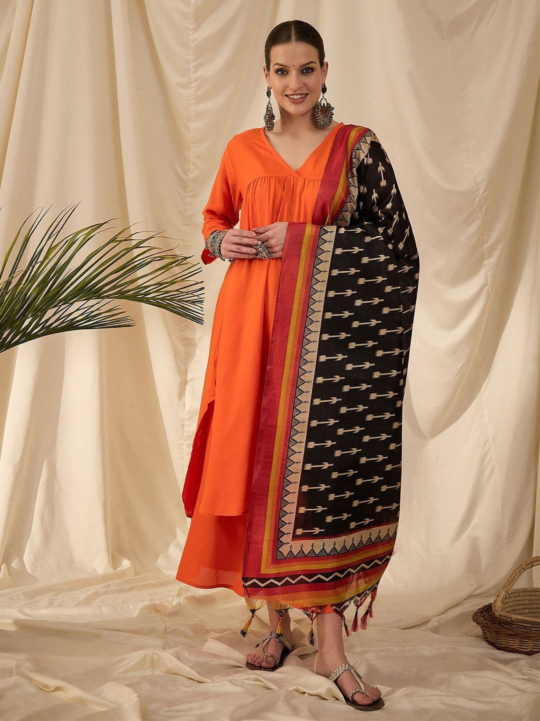 InWeave Floral Printed Tasselled Ikkat Dupatta - view 1