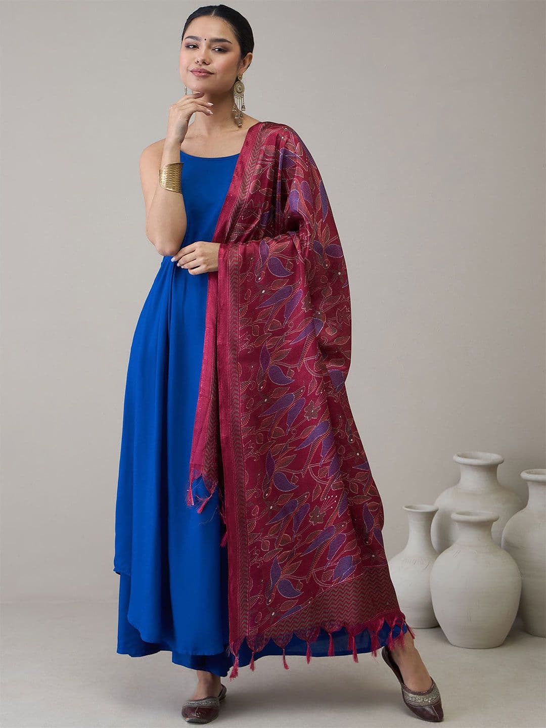 InWeave Floral Printed Mirror Work Tasselled Dupatta - view 1