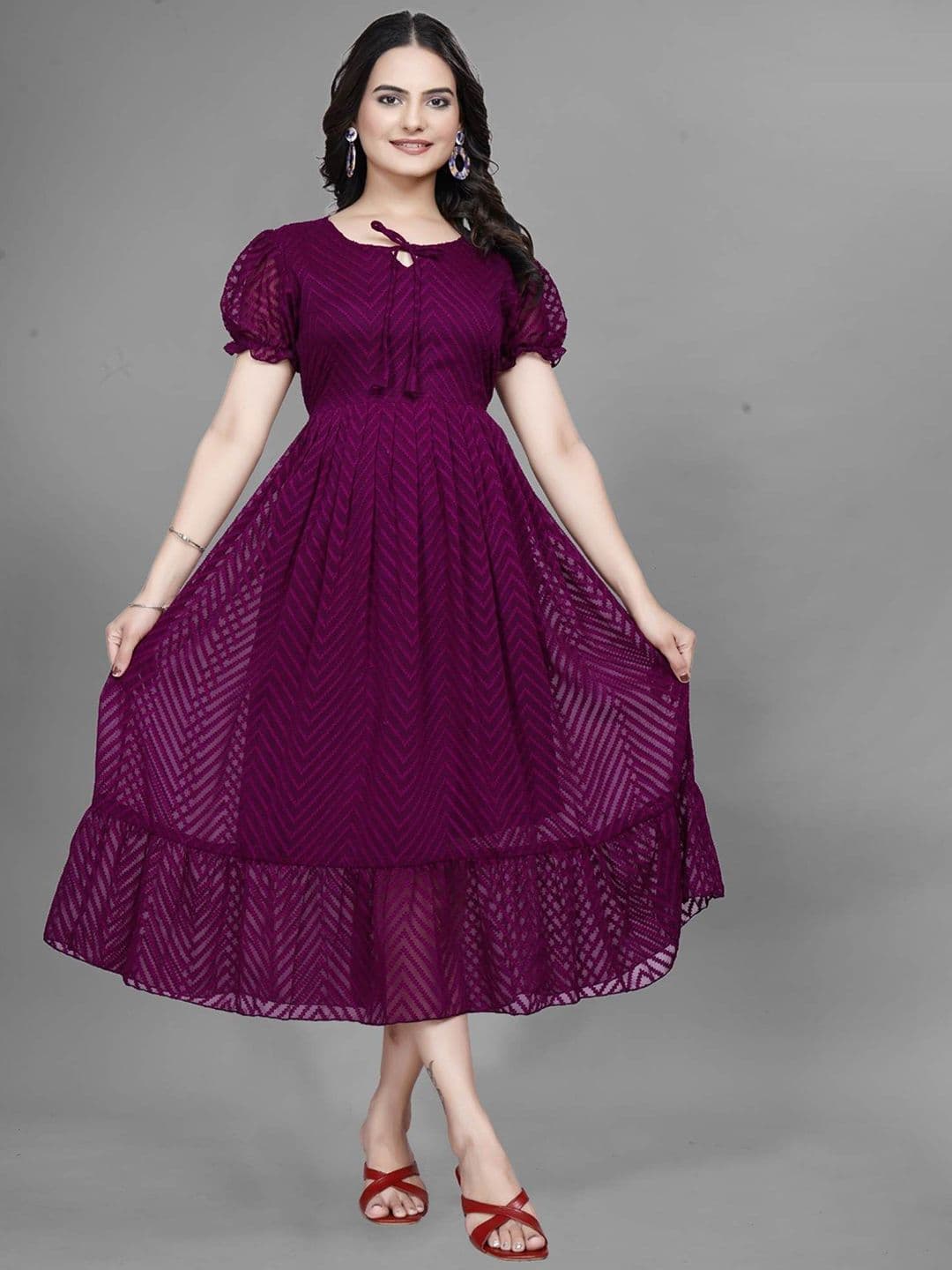 QENA Women Self Design Puff Sleeve Georgette Fit & Flare Midi Dress - view 1