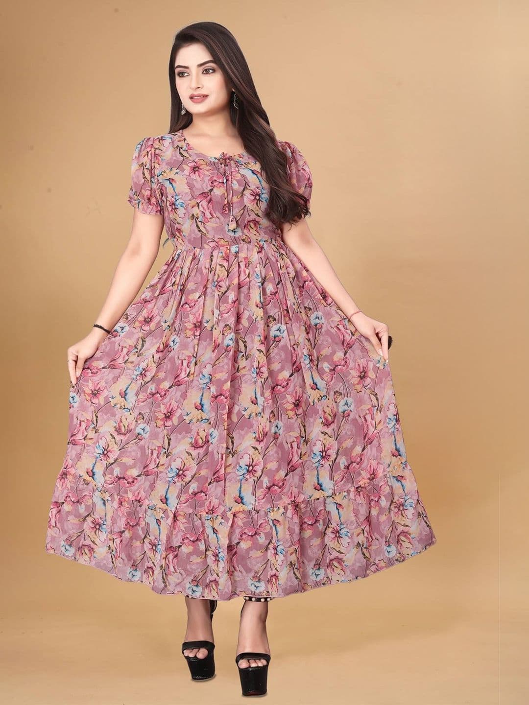 QENA Women Floral Print Puff Sleeve Georgette Fit & Flare Maxi Dress - view 1