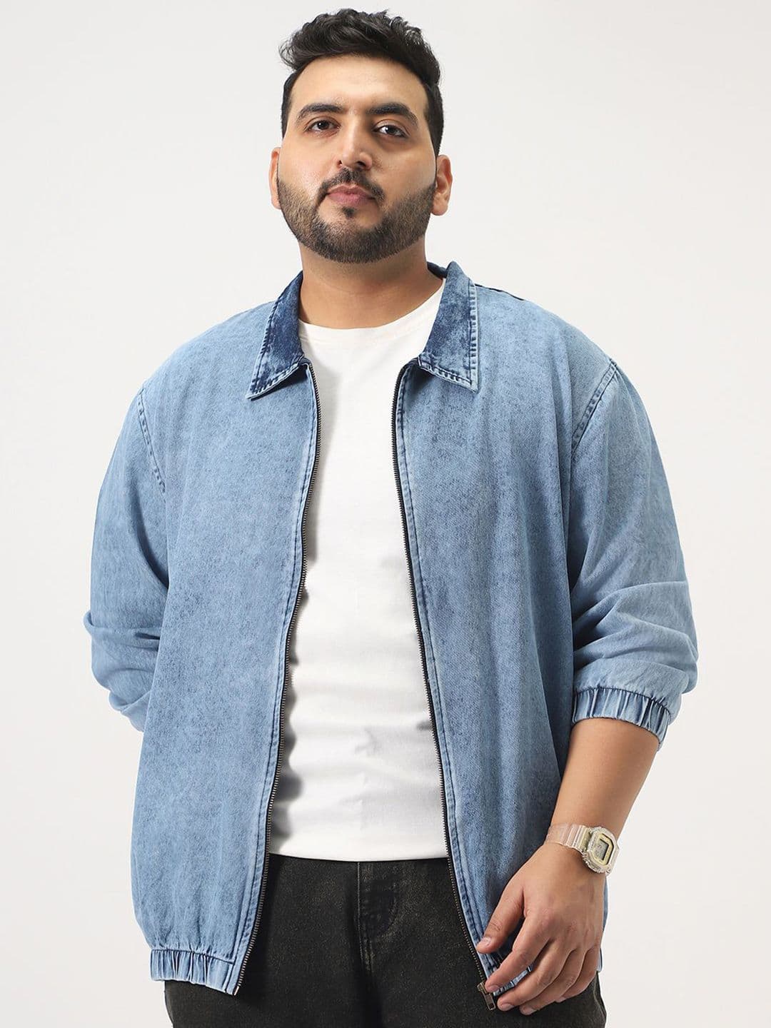 Urbano Plus Men Plus Size Light Blue Relaxed Fit Harrington Denim Jacket - view 1