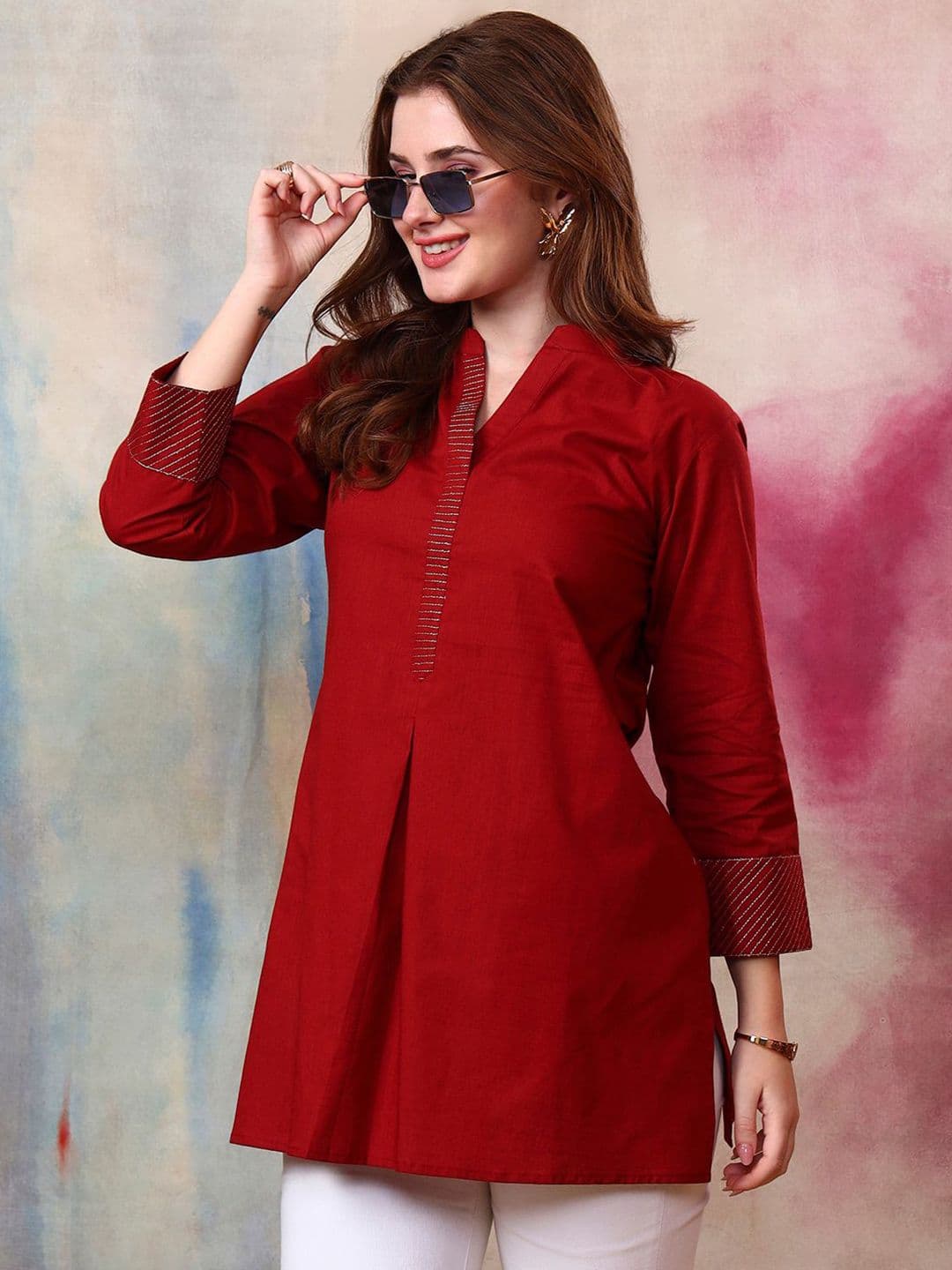 Tissu Women Mandarin Collar Zari Pure Cotton Straight Kurti - view 1