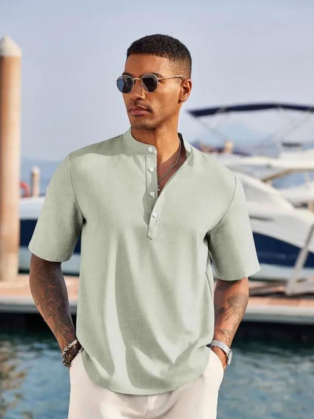 R.Code by The Roadster Life Co. Men Solid Mandarin Collar Casual T-shirt - view 1