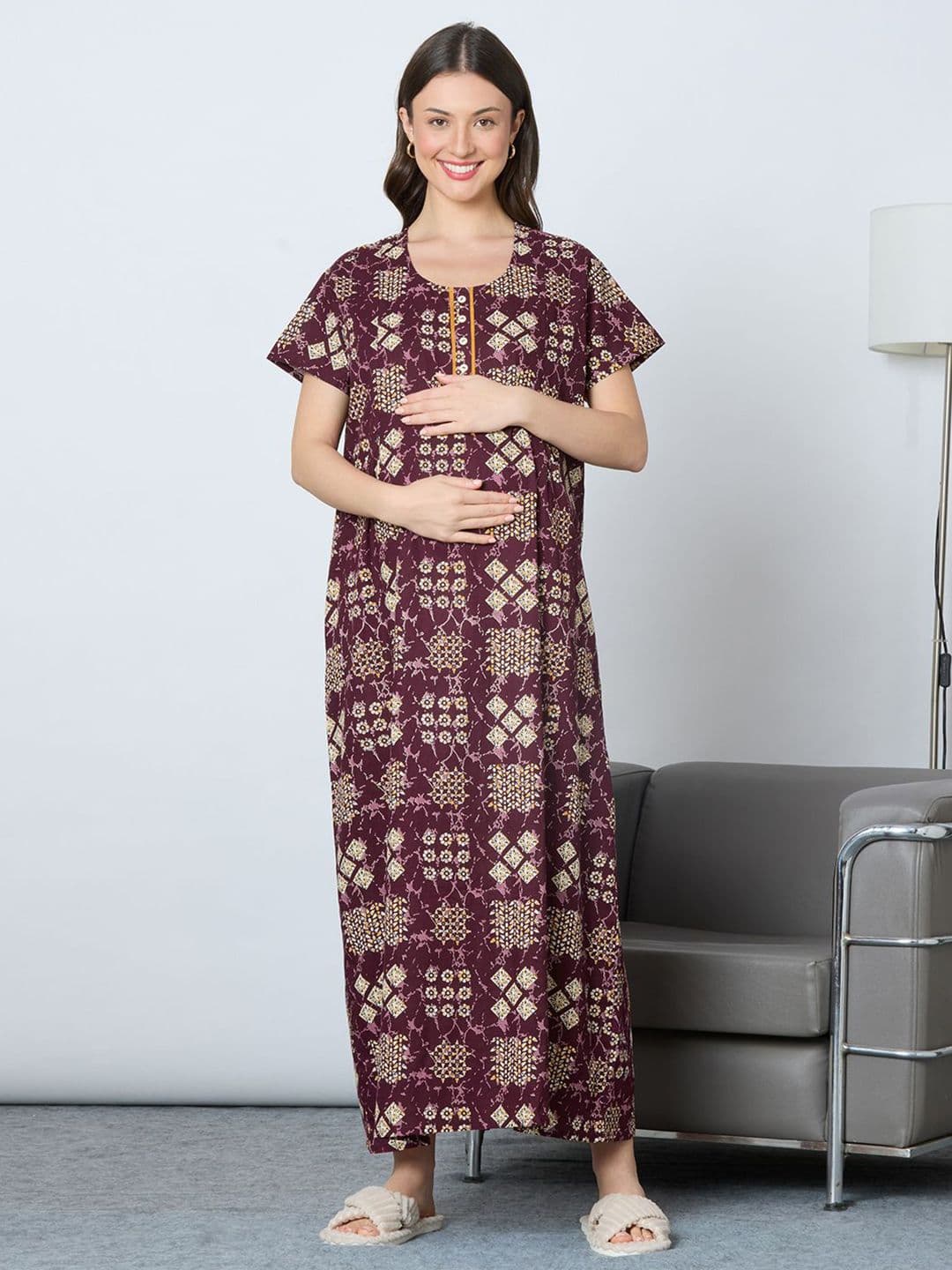 MomToBe Women Ethnic Motifs Printed Round Neck Maxi Nightdress - view 1