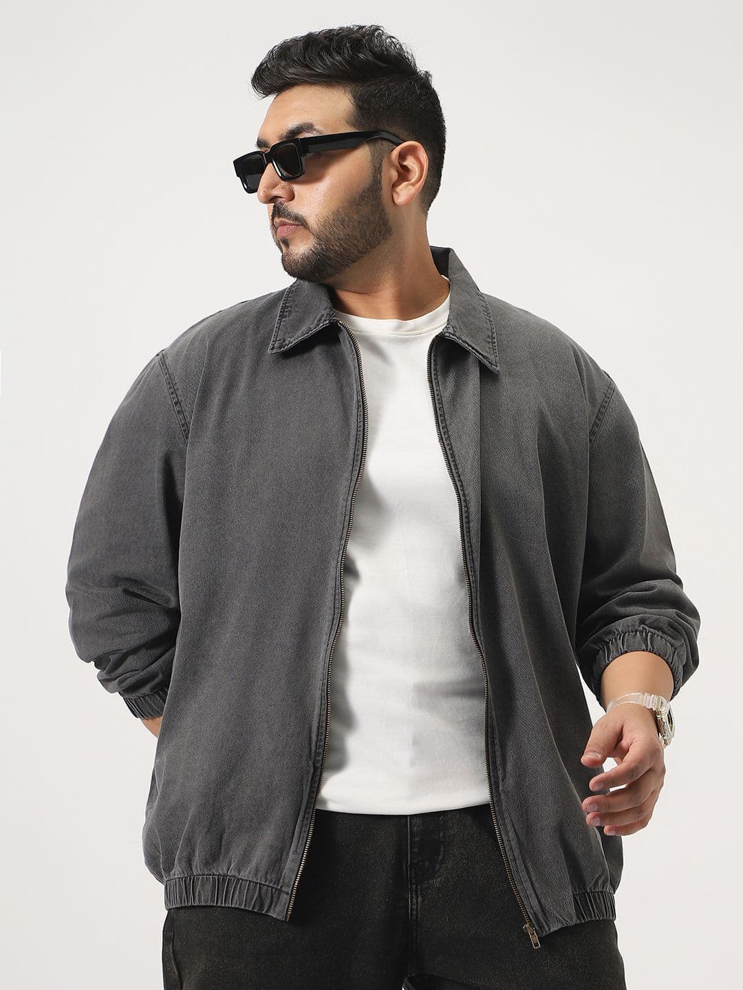 Urbano Plus Men Plus Size Light Grey Relaxed Fit Harrington Denim Jacket - view 1