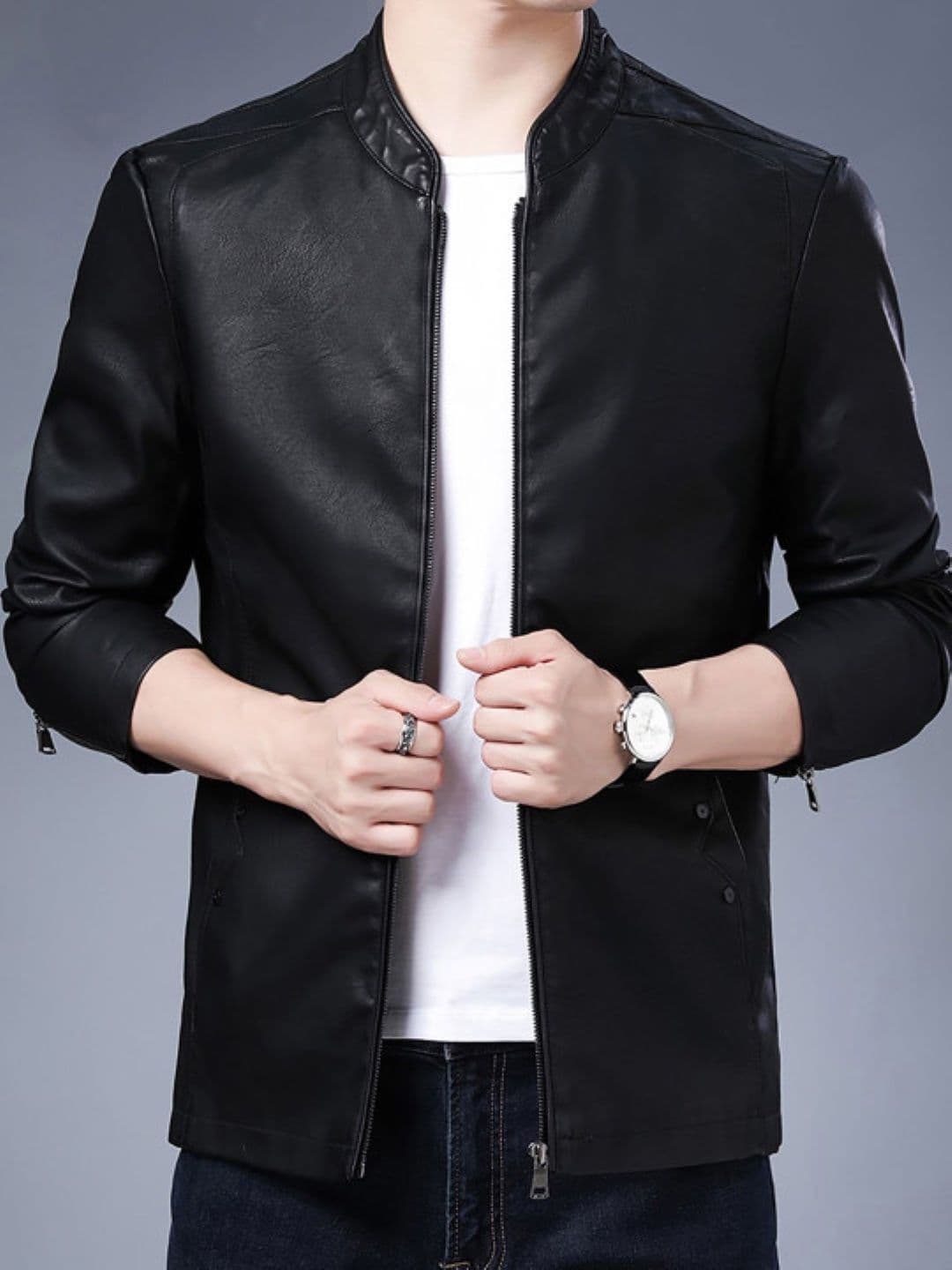KPOP Men Stand Collar Solid Lightweight Open Front Jacket - view 1