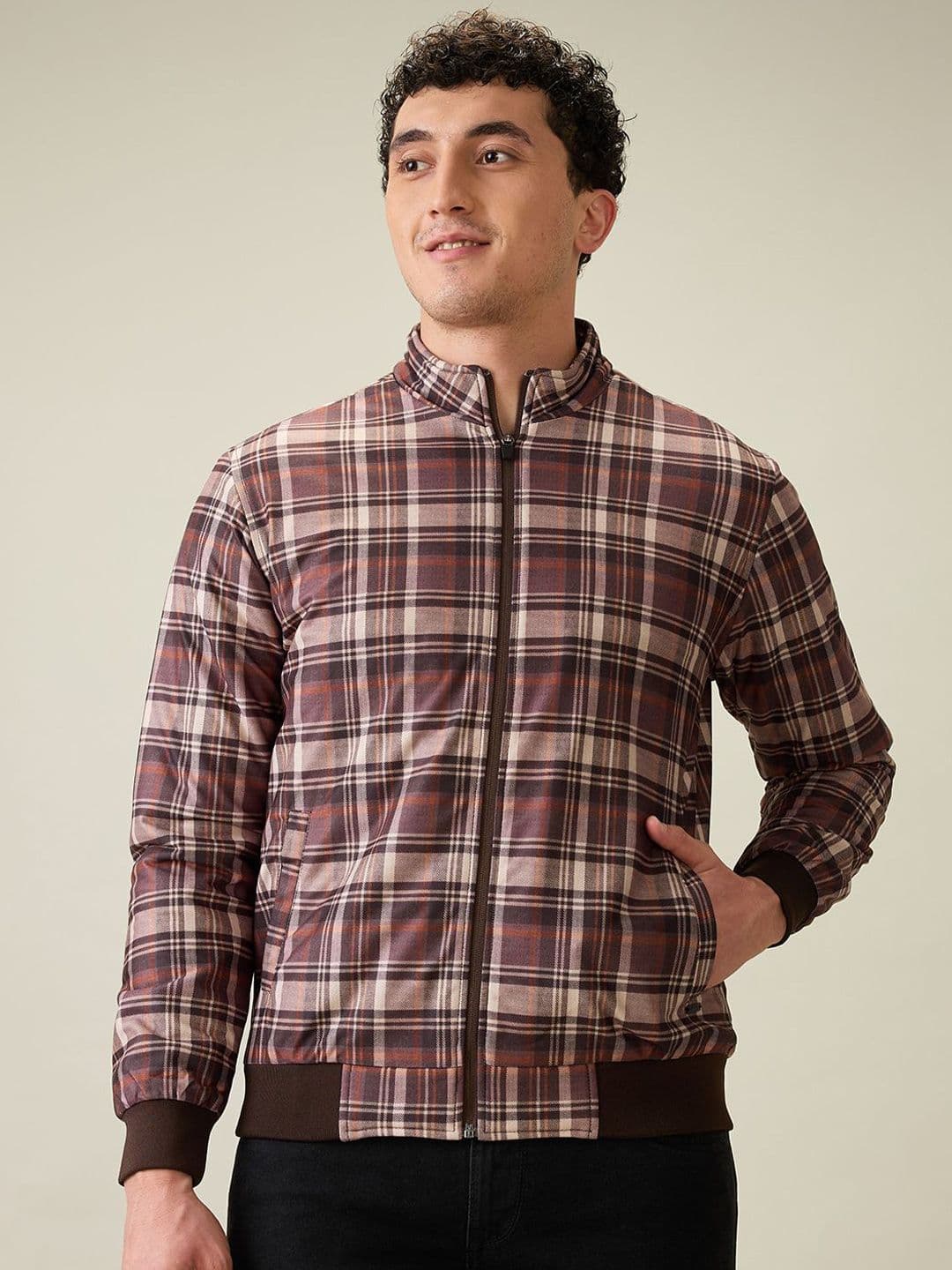 Parx Men Mock Collar Checked Bomber Jacket - view 1