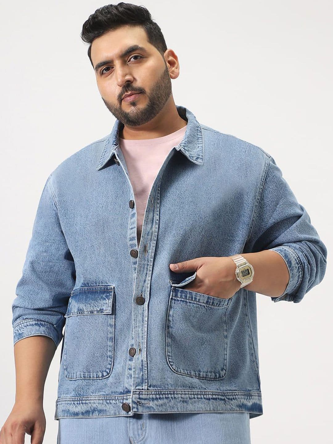 Urbano Plus Men Plus Size Ice Blue Relaxed Fit Full Sleeve Cotton Utility Denim Jacket - view 1