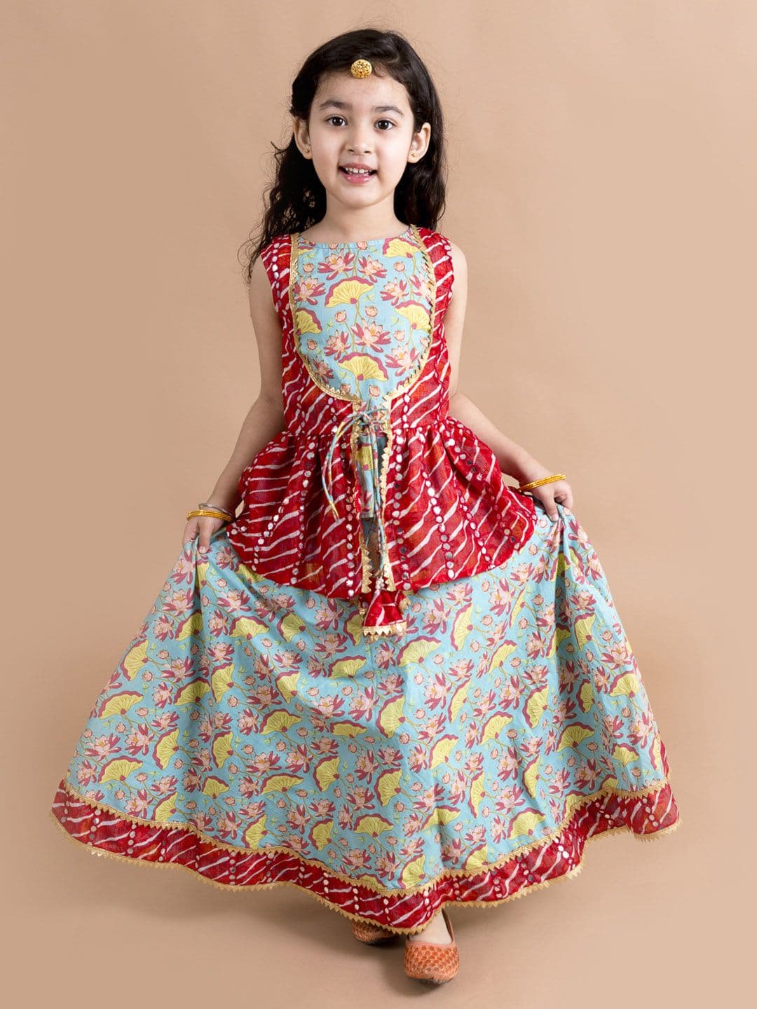 Pspeaches Girls Blue And Red Lotus Cotton Lehenga Choli Set - view 1