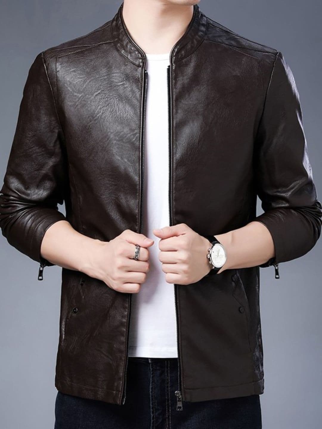 KPOP Men Stand Collar Solid Lightweight Open Front Jacket - view 1