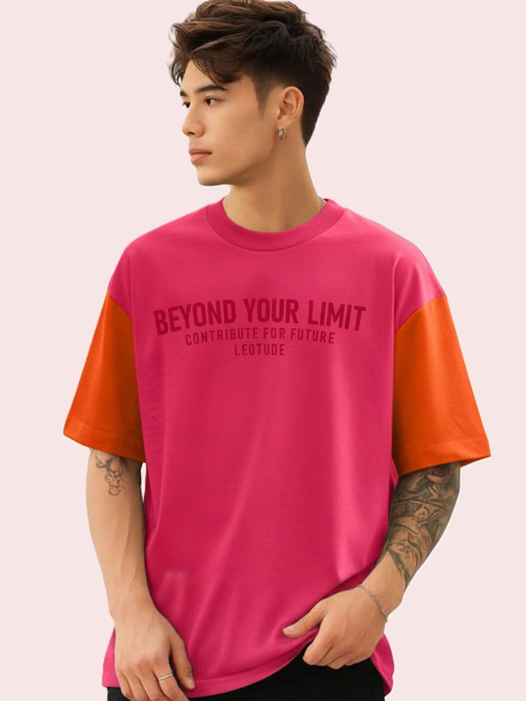 Leotude Typography Colourblocked Round Neck Cotton Oversized T-shirt - view 1