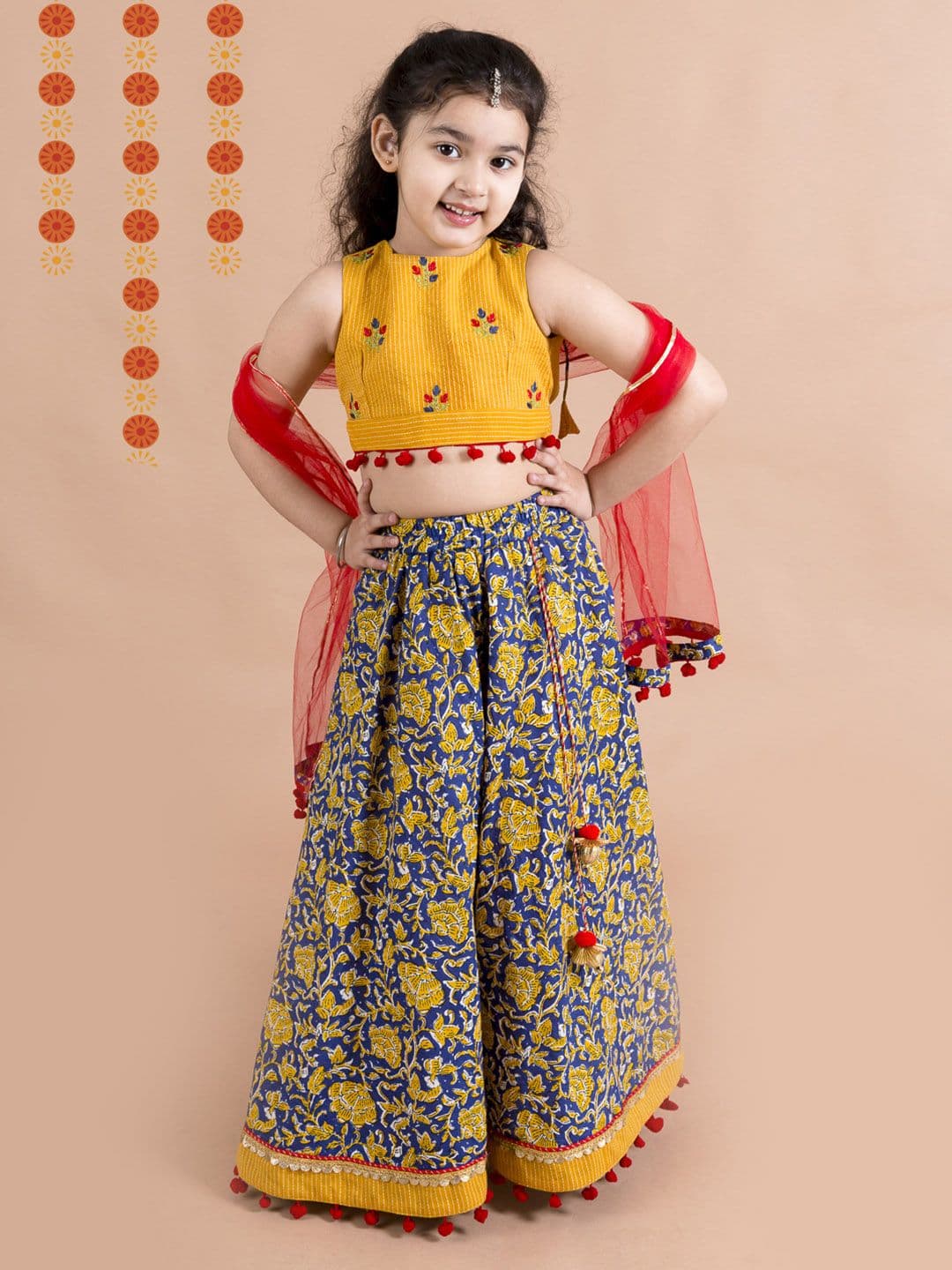 Pspeaches Girls Navy And Mustard Embroidered Cotton Lehenga Blouse Dupatta Set - view 1