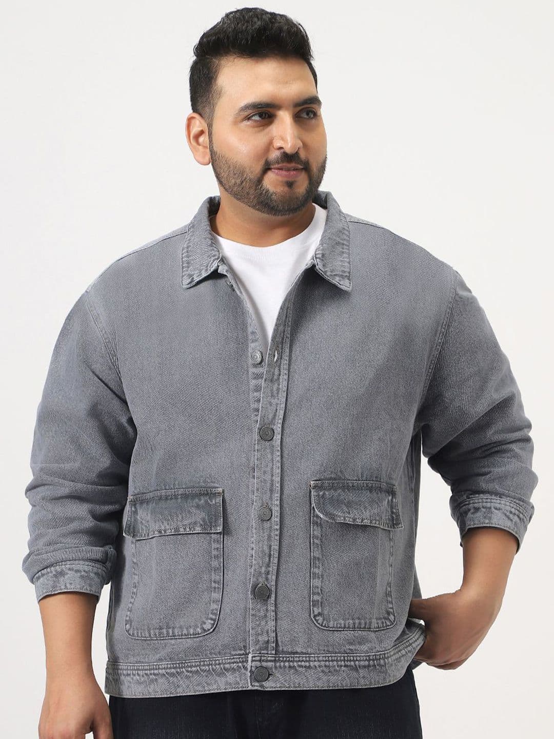 Urbano Plus Men Plus Size Grey Relaxed Fit Full Sleeve Utility Denim Jacket - view 1