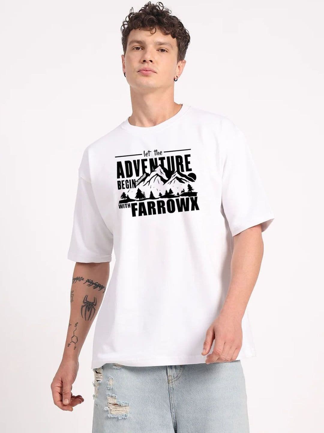 Moda Rapido White & Black Printed Drop-Shoulder Sleeves Pure Cotton T-shirt - view 1