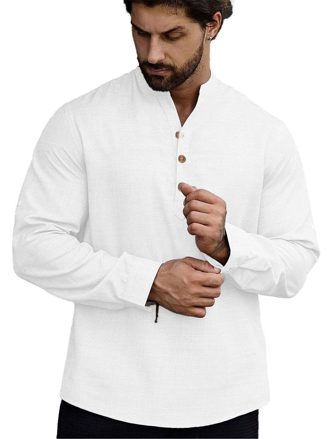 TrendiVastra Mandarin Collar Long Sleeves Roll-Up Sleeves Straight Cotton Kurta - view 1