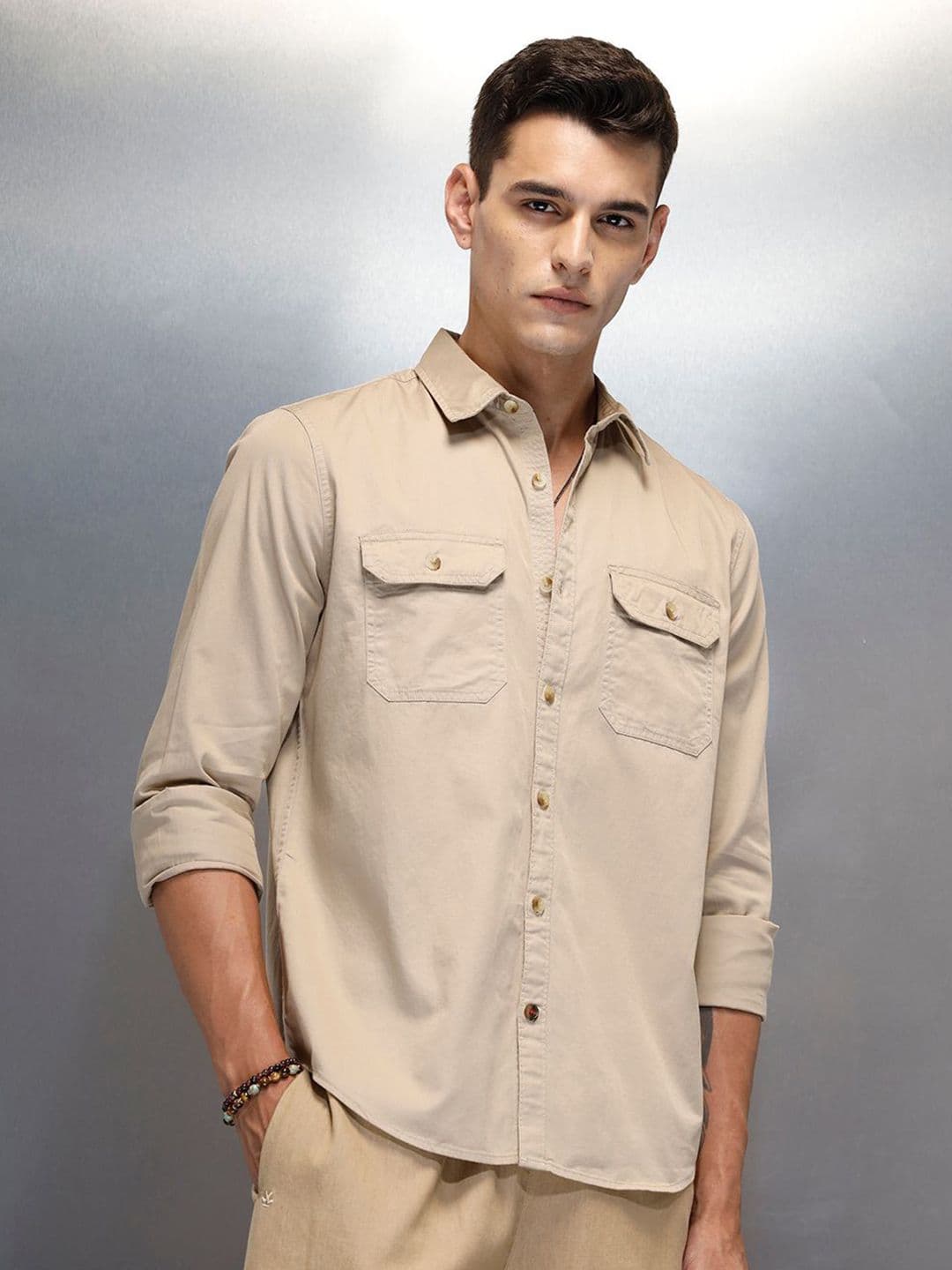 WROGN Men Slim Fit Solid Spread Collar Cotton Casual Shirt - view 1