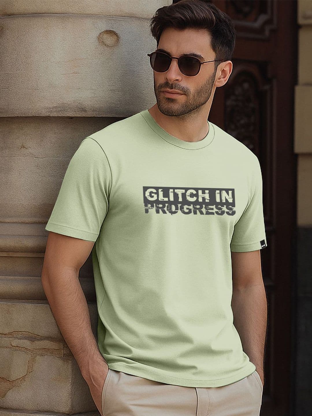 Bewakoof Men Fog Green Glitch Typography T-shirt - view 1