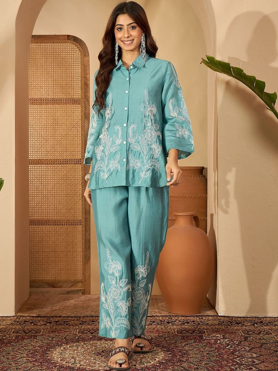 Sangria sea green silk dori embroidery coord set - view 1