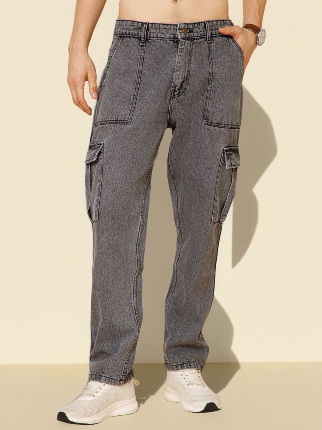R.Code by The Roadster Life Co. Men Straight Fit Mid-Rise Light Fade Cargo Styles Jeans - view 1