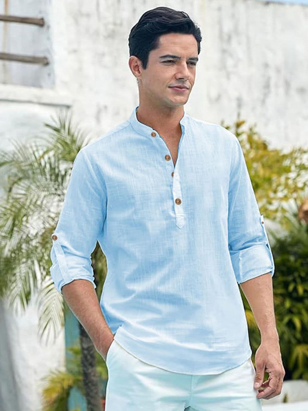 TrendiVastra Men Band Collar Roll-Up Sleeves Straight Short Kurta - view 1