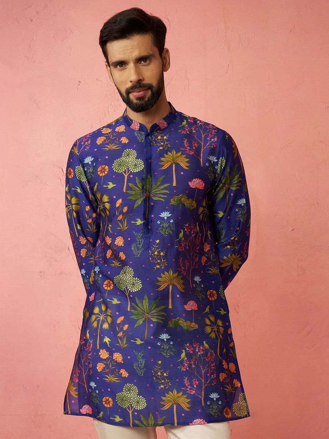 VASTRAMAY Floral Printed Thread Work Cotton Silk Mandarin Collar Straight Kurta - view 1