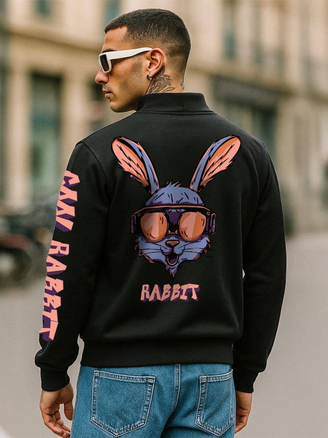 VEIRDO Black Graphic Printed Stand Collar Fleece Bomber Jacket - view 1