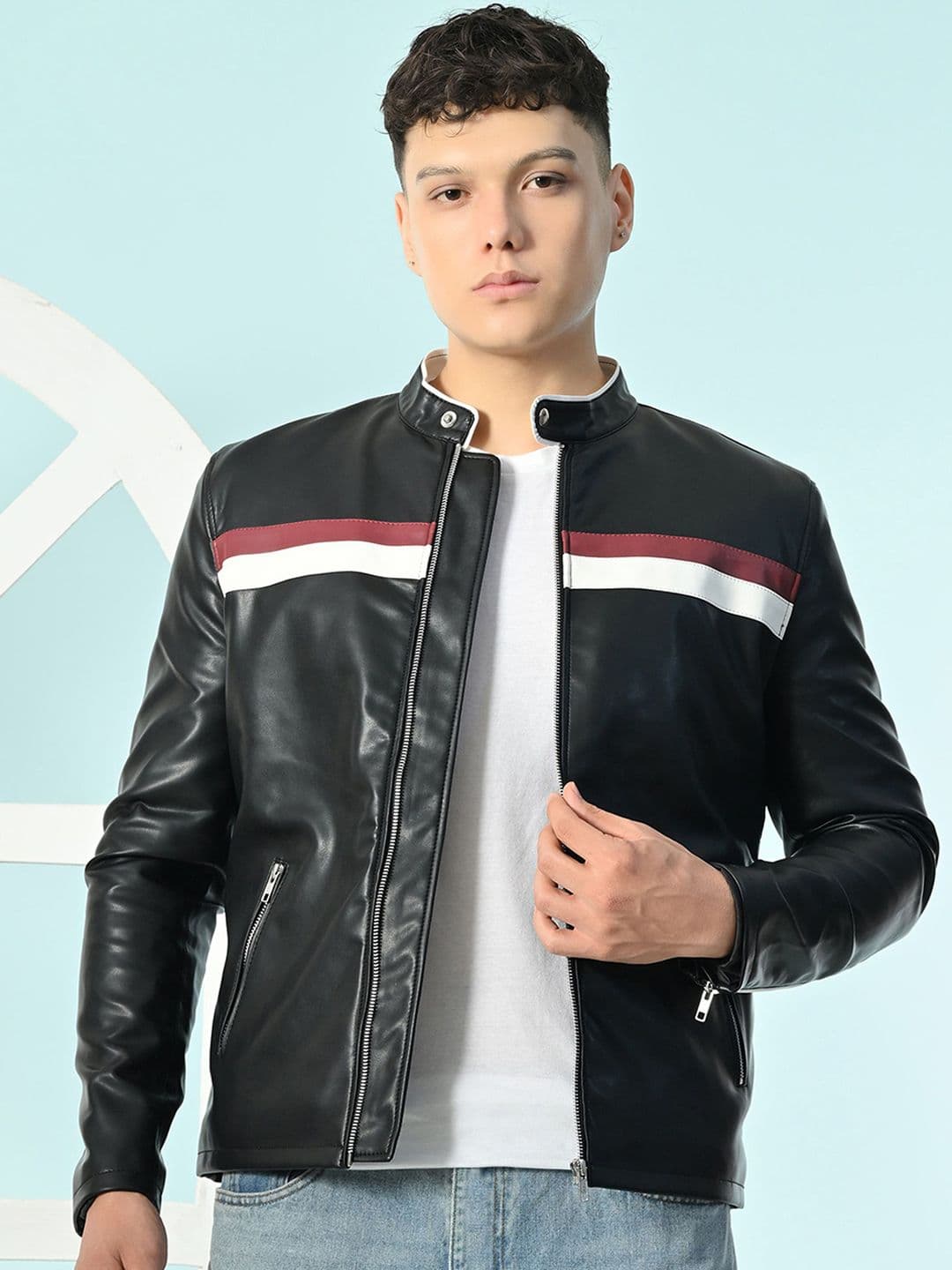 TBOJ Men Mock Collar Colourblocked Water Resistant Leather Jacket - view 1