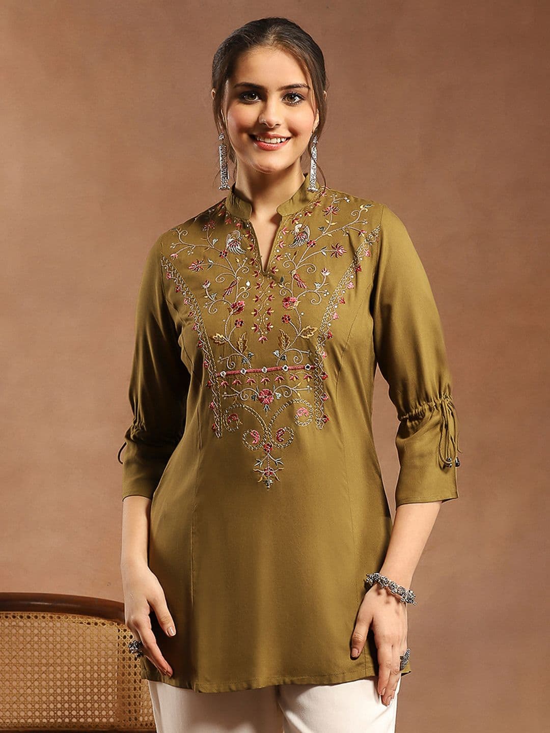 Nayam By Lakshita Women Embroidered Mandarin Collar Tunic With Tie -UP Sleeves - view 1