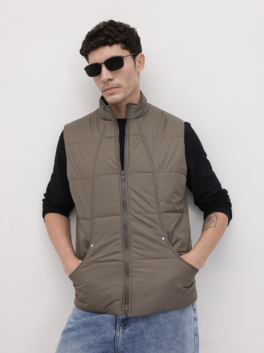 The Roadster Life Co. Typography Printed Mock Collar Gilet Jacket - view 1