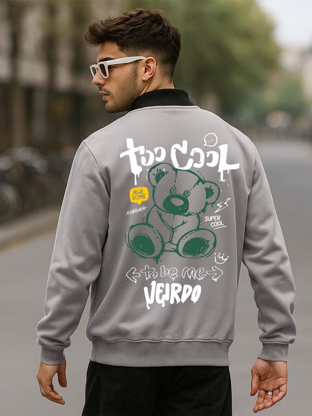 VEIRDO Grey Graphic Printed Fleece Lightweight Bomber Jacket - view 1