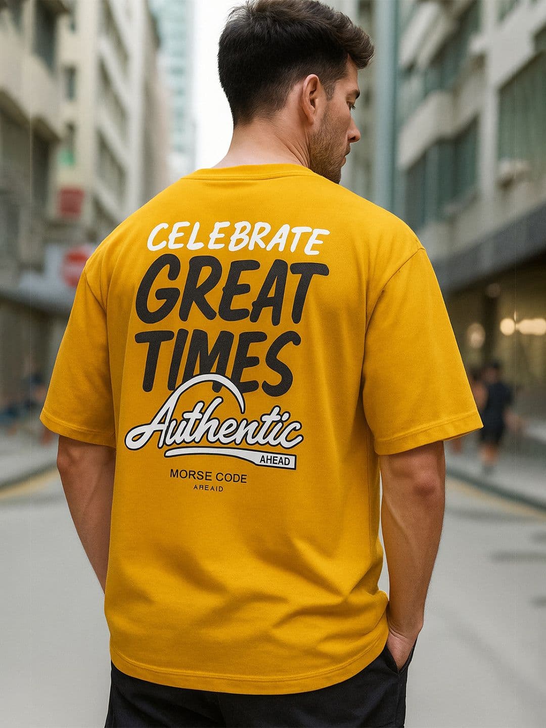 MORSE CODE Mustard Typography Oversized Cotton T-shirt - view 1