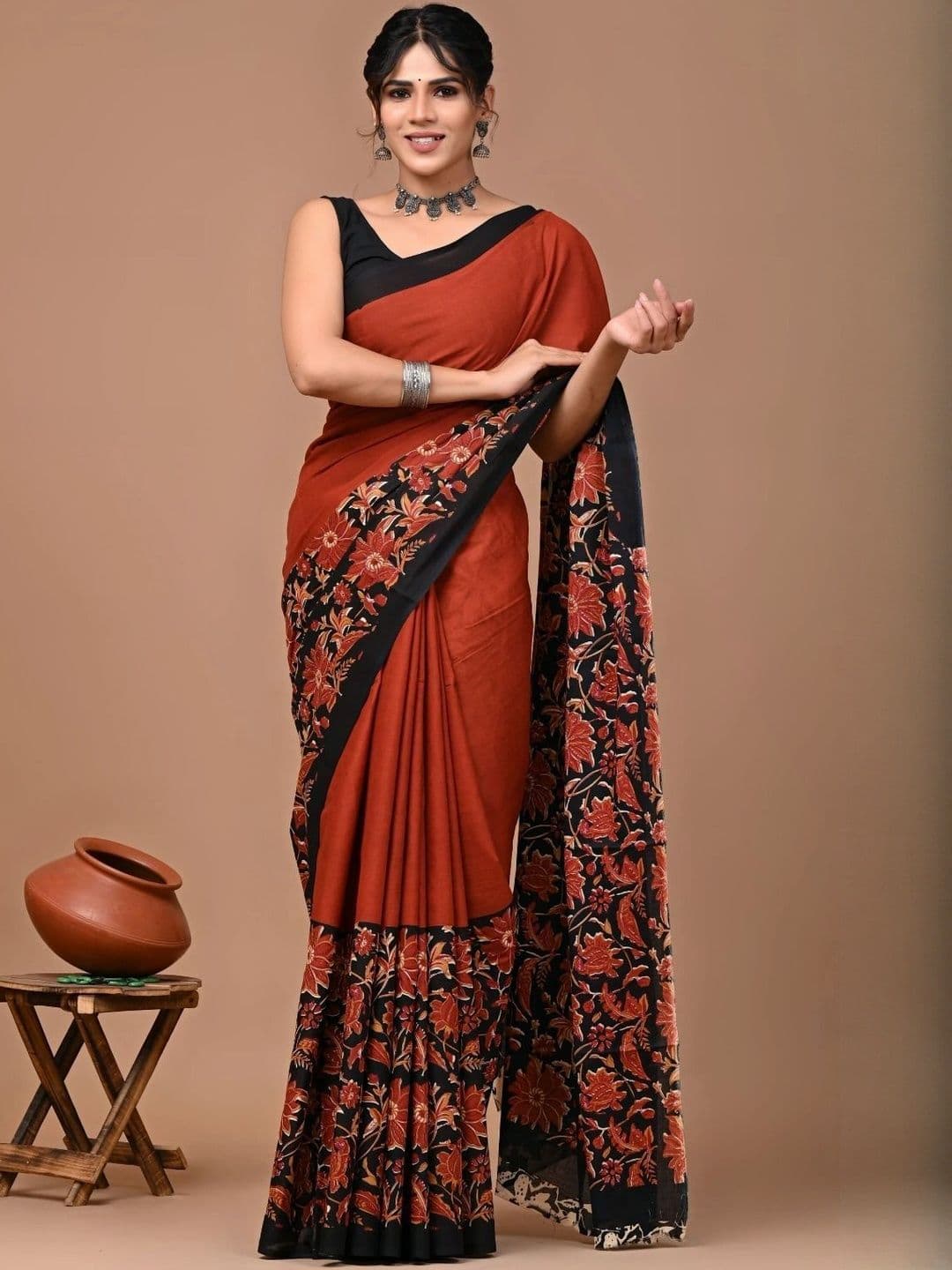 Moda Rapido Floral Printed Pure Cotton Ikat Saree With Blouse Piece - view 1