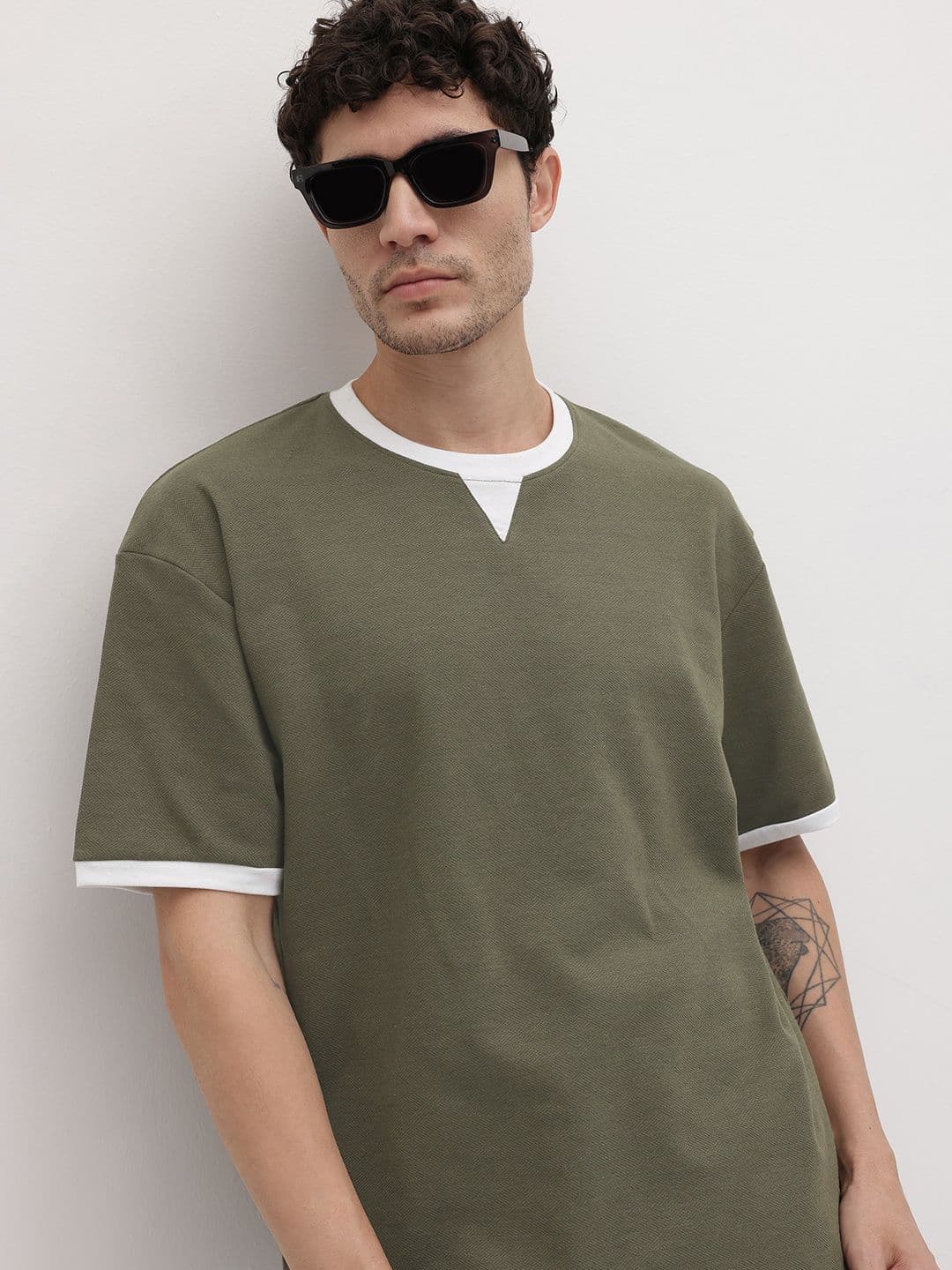 The Roadster Life Co. Jacquard Knit Drop-Sleeves Relaxed Fit T-shirt with Contrast Edges - view 1