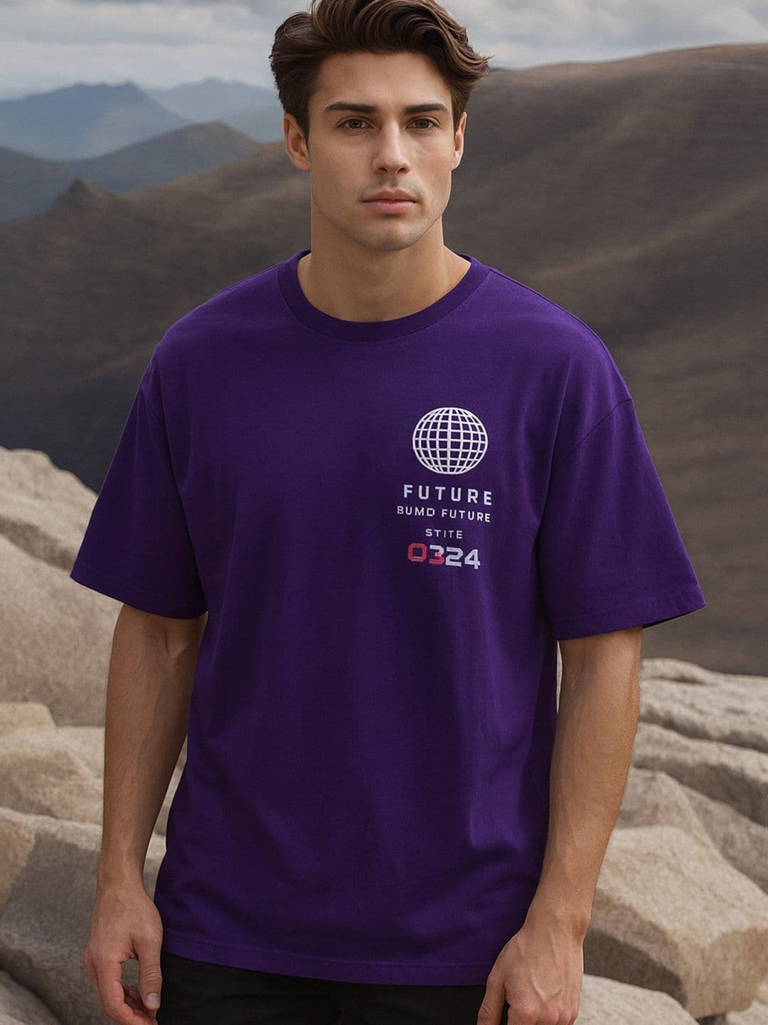 MORSE CODE Purple Typography Printed Oversized T-shirt - view 1