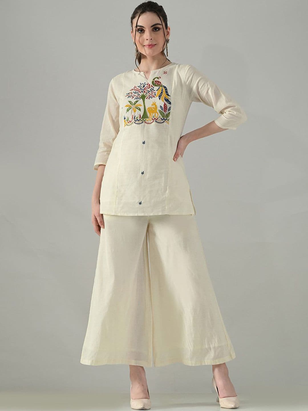 HERE&NOW Embroidered Pure Cotton Tunic & Trousers Co-Ord Set - view 1