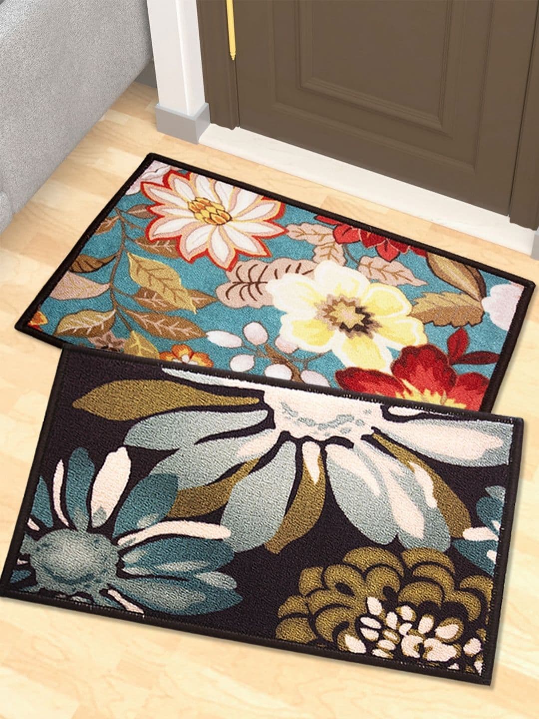Athom Living Black & Blue 2 Pieces Printed Anti-Slip Doormats - view 1