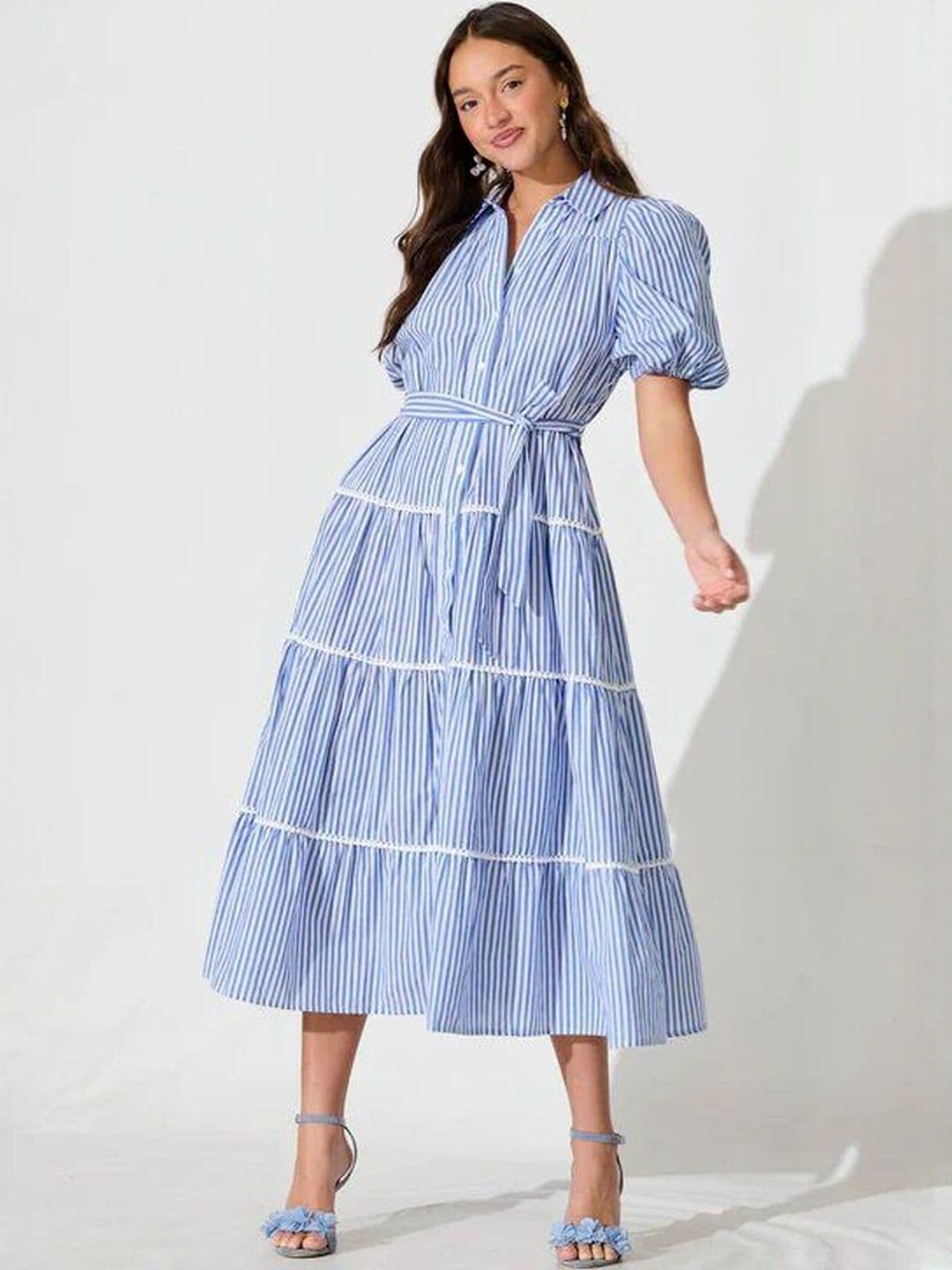Burgstudio9 Stylish Designer Women Blue Cotton Striped Shirt Dress - view 1