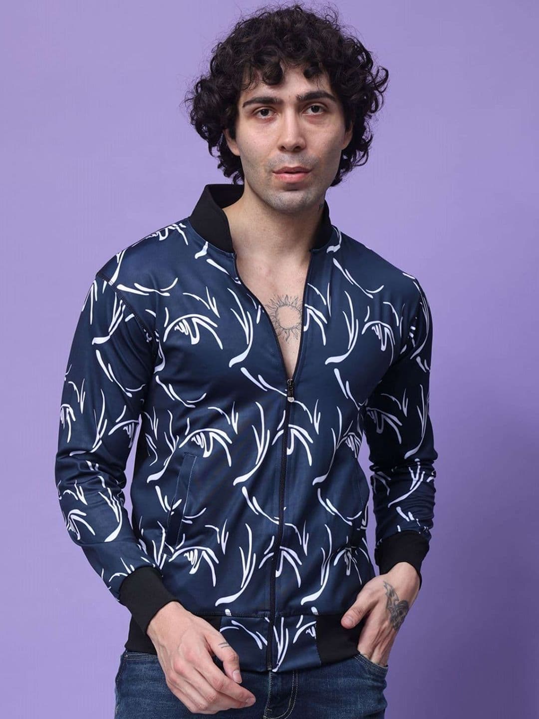 YELLOW TREE Men Stand Collar Abstract Printed Lightweight Bomber Jacket - view 1