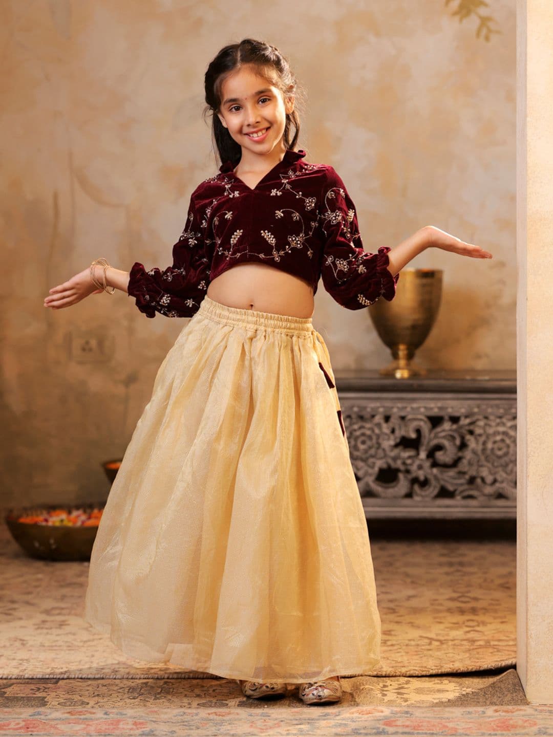SHORGUL Girls Embroidered Beads And Stones Ready to Wear Lehenga & Shirt - view 1