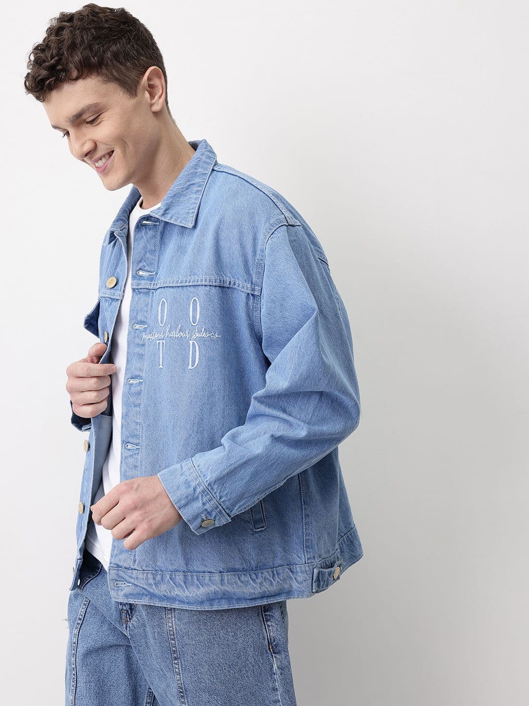 Mast & Harbour Typography Printed Pure Cotton Over Relax Denim Jacket - view 1