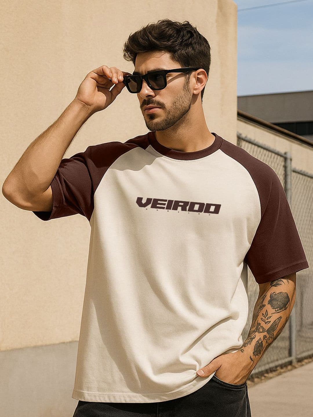 VEIRDO Men Typography Printed Round Neck Cotton Oversized T-shirt - view 1